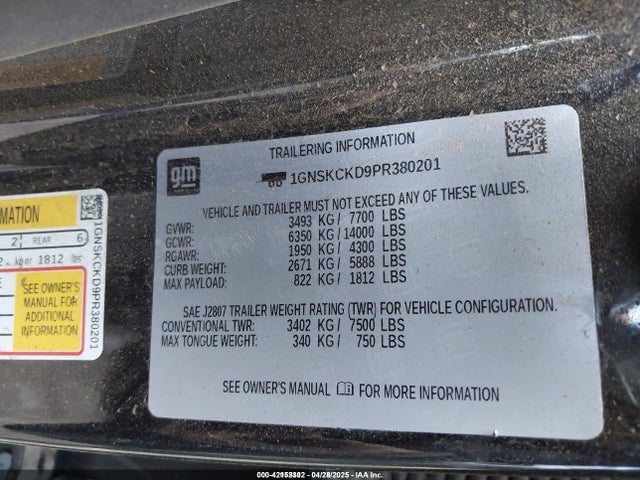 1GNSKCKD9PR380201 Chevrolet Suburban 4wd Lt
