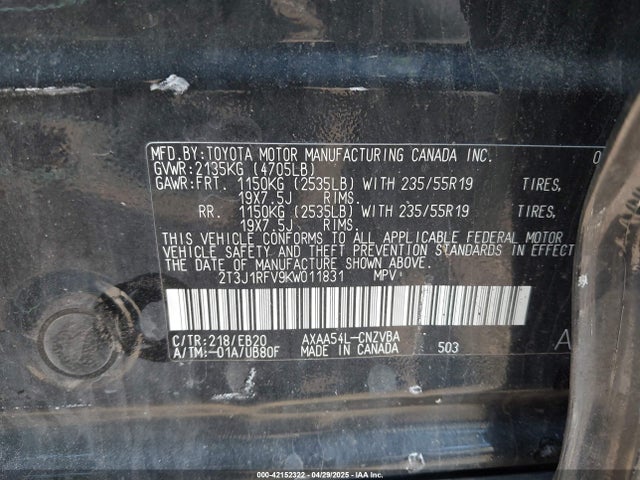 2T3J1RFV9KW011831 Toyota a25a-fks