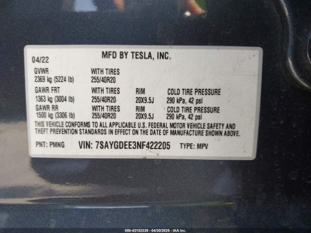 7SAYGDEE3NF422205 Tesla Model Y Long Range Dual Motor All-wheel Drive