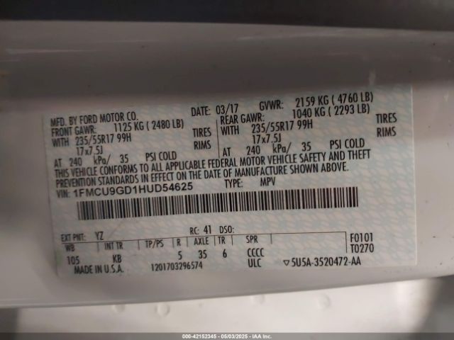 1FMCU9GD1HUD54625 Ford ESCAPE SE