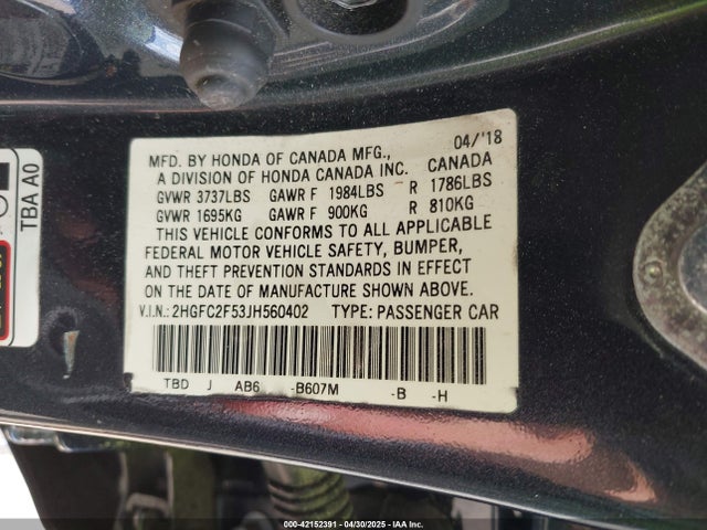 Honda Civic Lx 2018 2HGFC2F53JH560402 Image 9