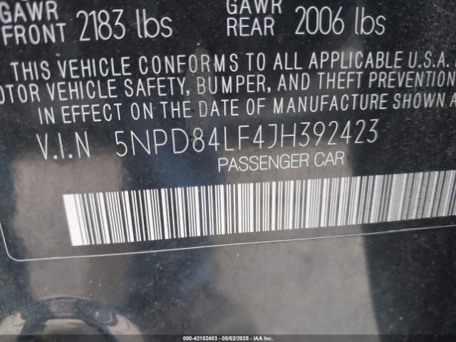 5NPD84LF4JH392423 Hyundai ELANTRA SEL