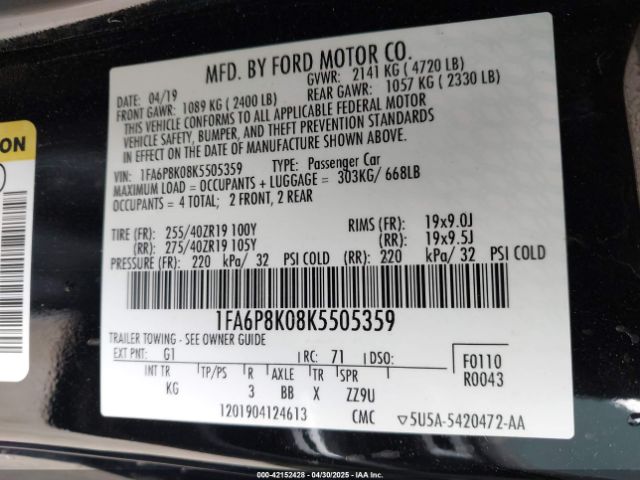 2019 FORD MUSTANG 1FA6P8K08K5505359 Photo 8