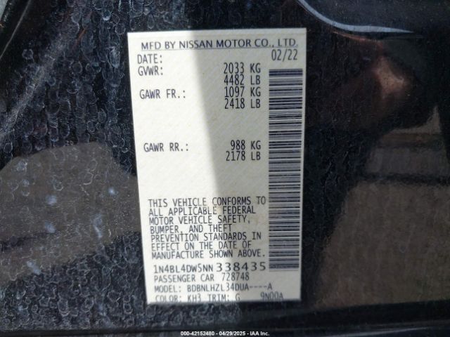 1N4BL4DW5NN338435 Nissan Altima Sv Intelligent Awd