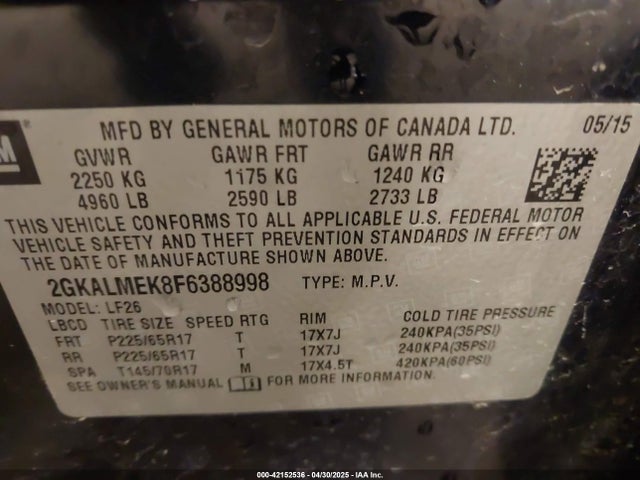 Aukcja sprzedaży 2015 Gmc Terrain Sle-1, vin: 2GKALMEK8F6388998, numer aukcji: 42152536