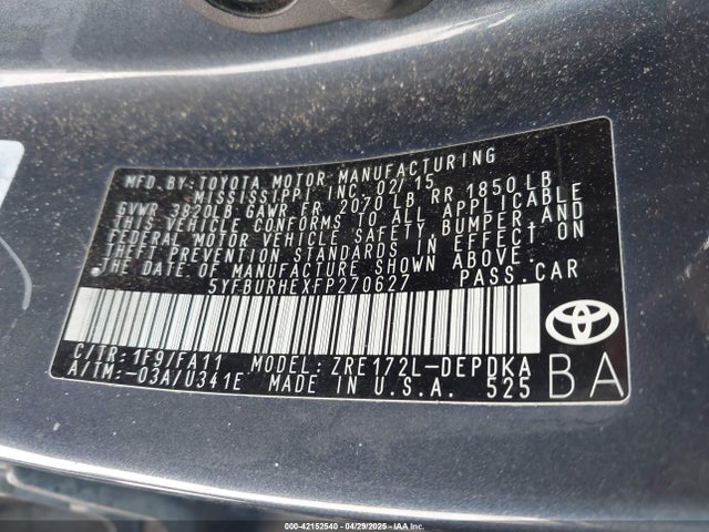 5YFBURHEXFP270627 Toyota COROLLA L