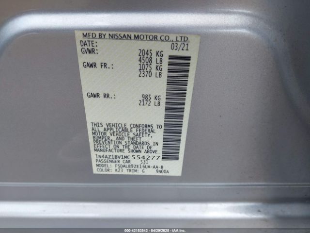 1N4AZ1BV1MC554277 Nissan Leaf S 40 Kwh