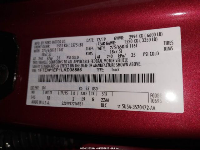 1FTEW1EP1LKD38886 Ford F-150 Xlt