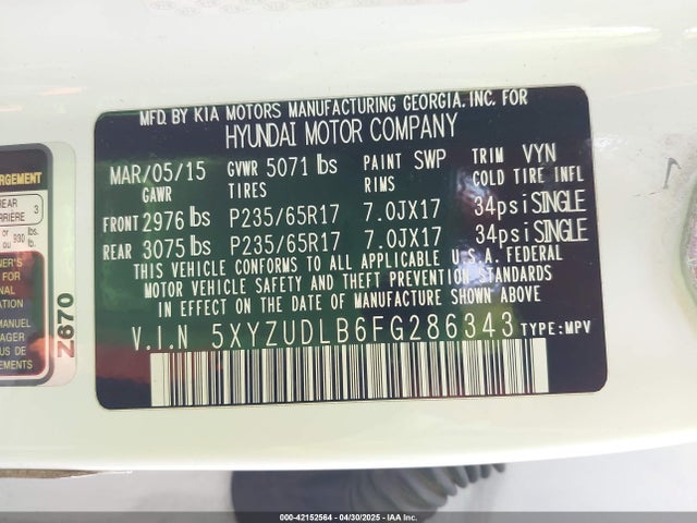 5XYZUDLB6FG286343 Hyundai Santa Fe Sport 2.4l