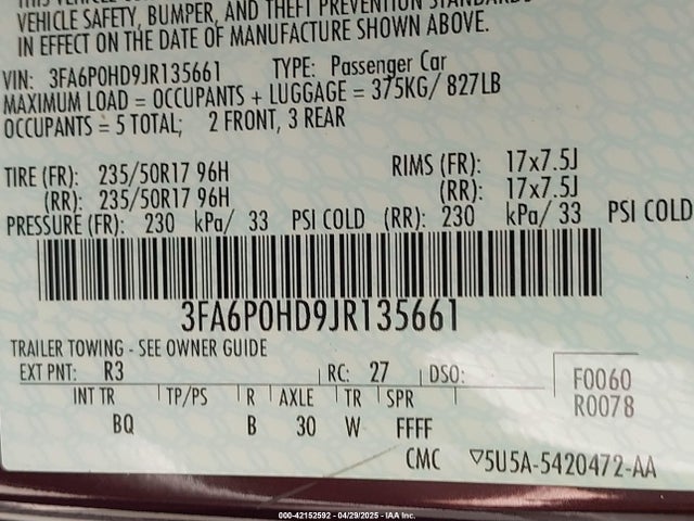3FA6P0HD9JR135661 Ford FUSION SE