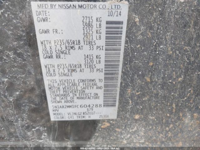 5N1AR2MM1FC604288 Nissan Pathfinder Sl