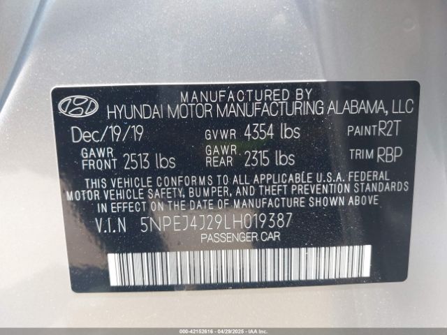 5NPEJ4J29LH019387 Hyundai Sonata Sel Plus