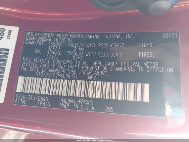5TDYRKEC2MS028134 Toyota SIENNA XLE