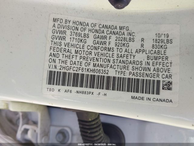 2HGFC2F61KH606352 Honda Civic Lx