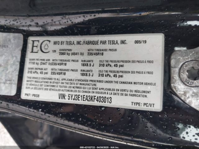 5YJ3E1EA3KF403013 Tesla Model 3 Long Range/mid Range/standard Range/standard Range Plus