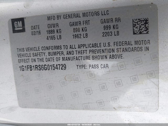 1G1FB1RS6G0154729 Chevrolet lgx - di: direct injection, vvt, alum, gen 2