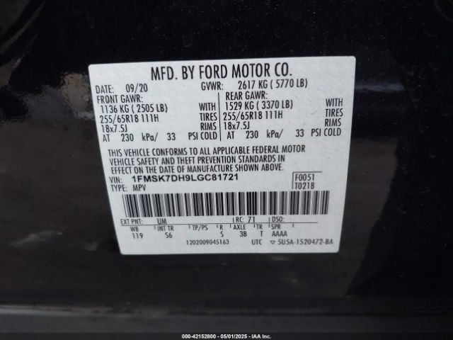 1FMSK7DH9LGC81721 Ford EXPLORER XLT