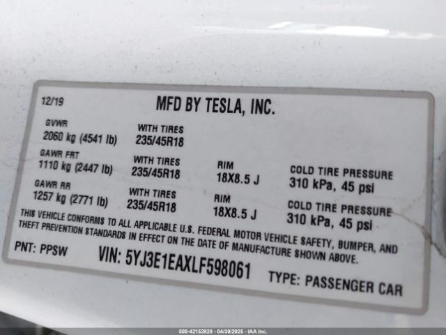 5YJ3E1EAXLF598061 Tesla MODEL 3