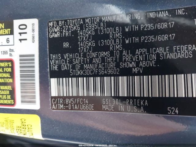 5TDKK3DC7FS649602 Toyota Sienna Le 8 Passenger
