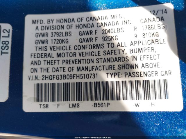 2HGFG3B09FH510731 Honda Civic Ex-l