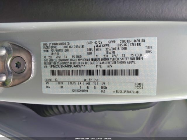 1FMCU9NA8SUA83711 Ford Escape St-line Select