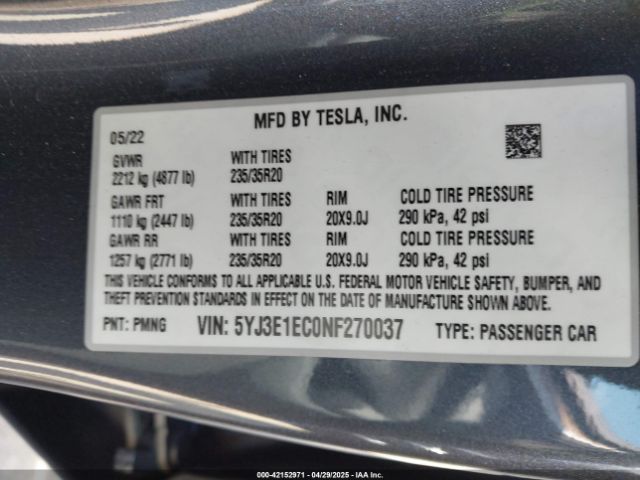 5YJ3E1EC0NF270037 Tesla Model 3 Performance Dual Motor All-wheel Drive