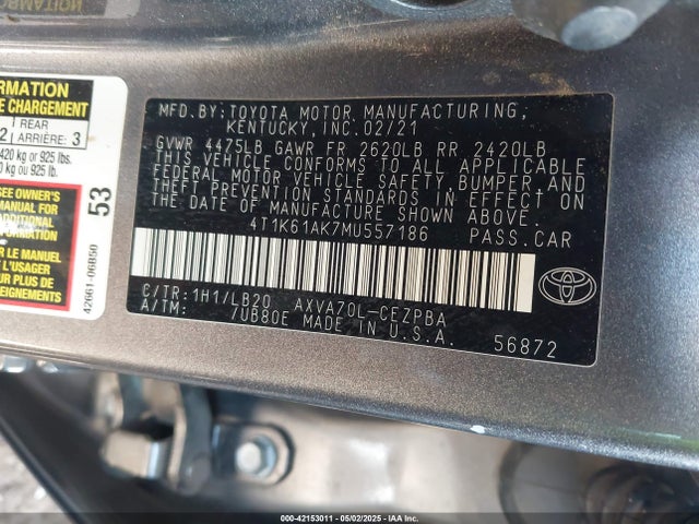 4T1K61AK7MU557186 Toyota CAMRY XSE