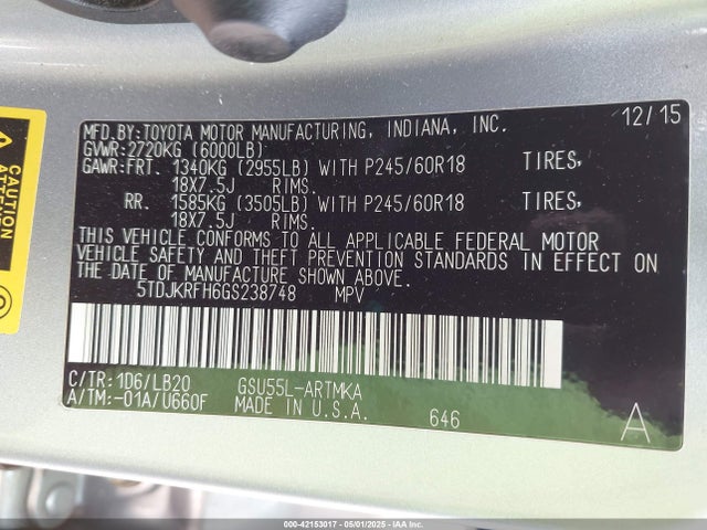 5TDJKRFH6GS238748 Toyota 2gr-fe