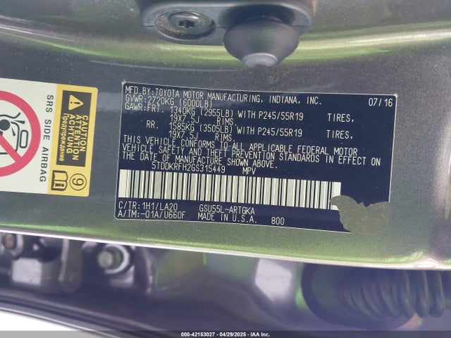 5TDDKRFH2GS315449 Toyota Highlander Limited V6