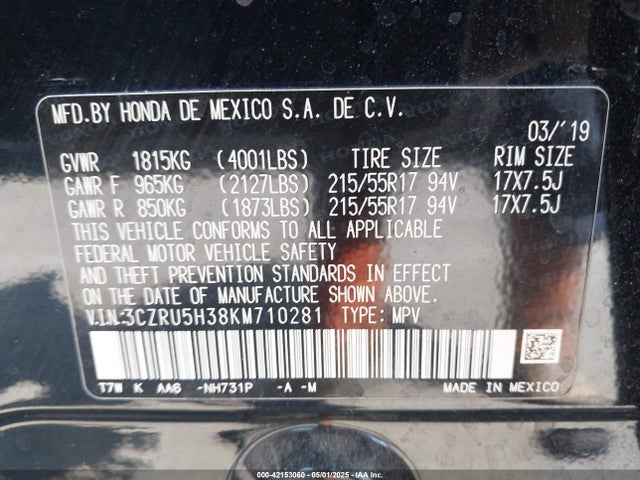 3CZRU5H38KM710281 Honda HR-V LX