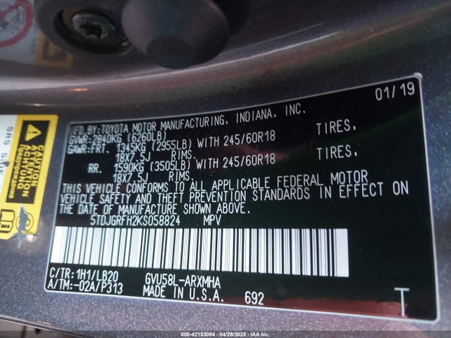 5TDJGRFH2KS058824 Toyota 2gr-fxs, 4jm+2fm