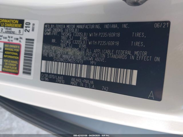 5TDZRKEC7MS051459 Toyota Sienna Limited