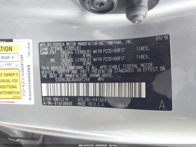 5TDYK3DCXGS697249 Toyota Sienna Xle 8 Passenger