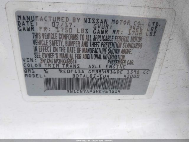 3N1CN7AP3HK469514 Nissan Versa 1.6 Sv