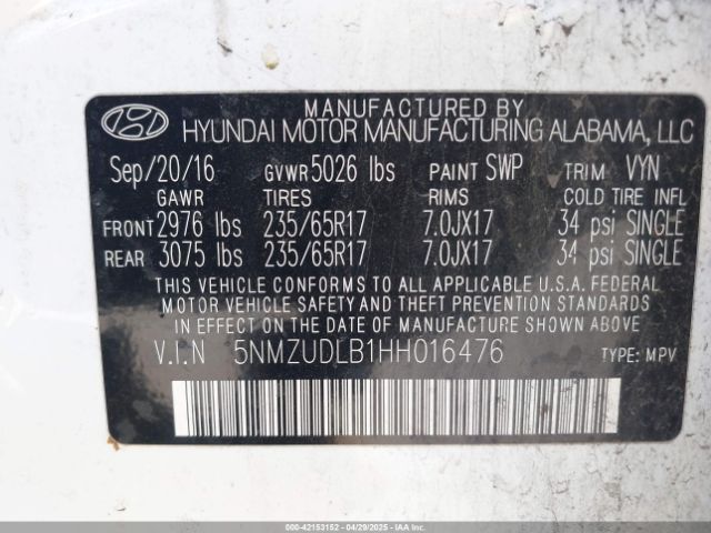 5NMZUDLB1HH016476 Hyundai Santa Fe Sport 2.4l