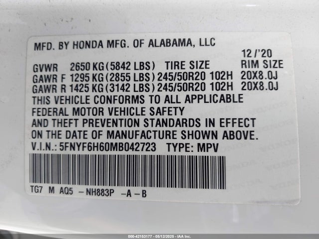 5FNYF6H60MB042723 Honda Pilot Awd Touring 7 Passenger