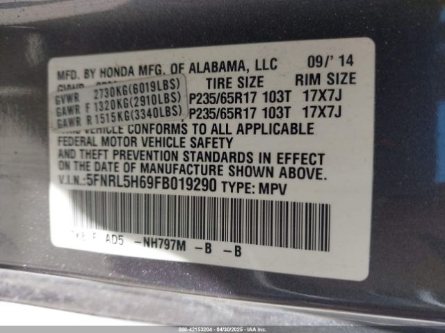 5FNRL5H69FB019290 Honda Odyssey Ex-l
