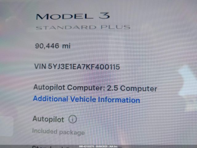 5YJ3E1EA7KF400115 Tesla Model 3 Long Range/mid Range/standard Range/standard Range Plus