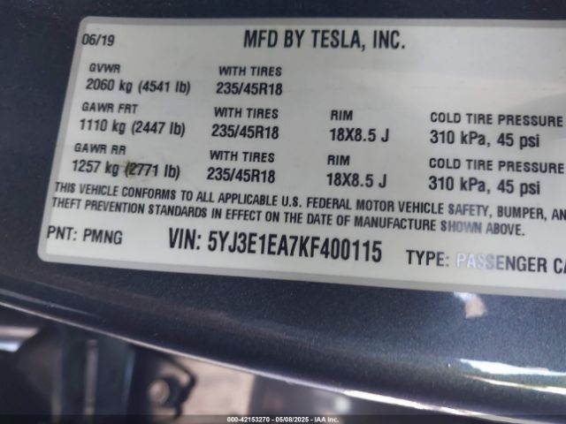 5YJ3E1EA7KF400115 Tesla Model 3 Long Range/mid Range/standard Range/standard Range Plus
