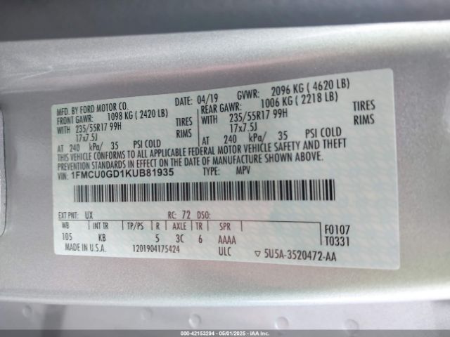 1FMCU0GD1KUB81935 Ford ESCAPE SE