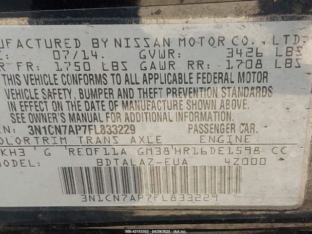 3N1CN7AP7FL833229 Nissan Versa 1.6 S+