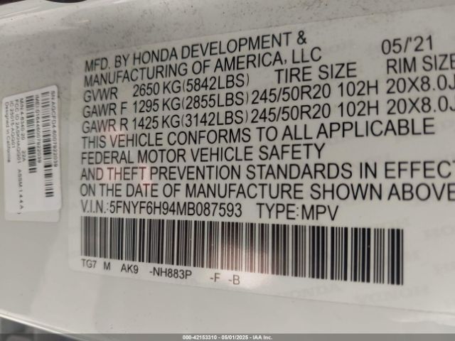 5FNYF6H94MB087593 Honda Pilot Awd Touring 8 Passenger