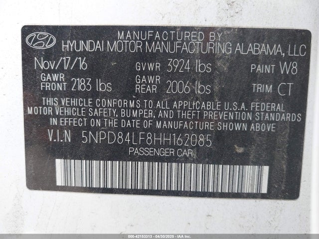 5NPD84LF8HH162085 Hyundai Elantra Value Edition