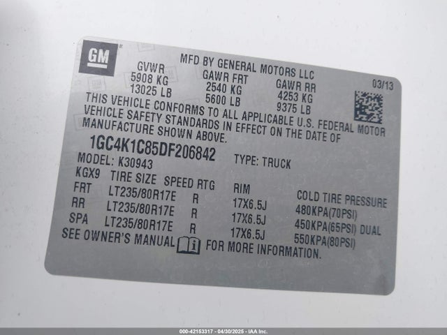 42153317 :رقم المزاد ، 1GC4K1C85DF206842 vin ، 2013 Chevrolet Silverado 3500hd Ltz مزاد بيع