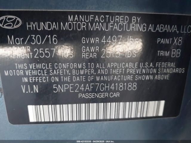 5NPE24AF7GH418188 Hyundai Sonata