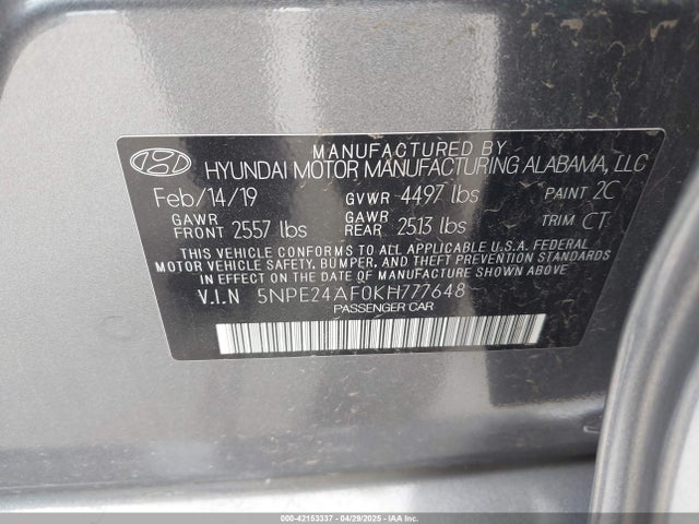 5NPE24AF0KH777648 Hyundai gdi theta-ii