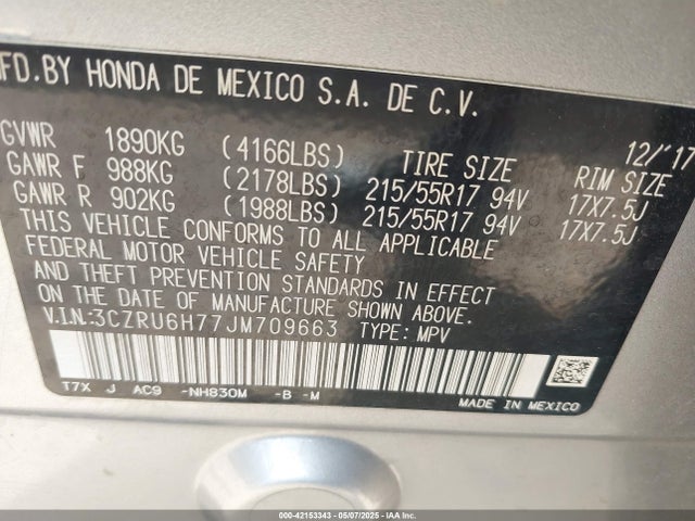 3CZRU6H77JM709663 Honda Hr-v Ex-l