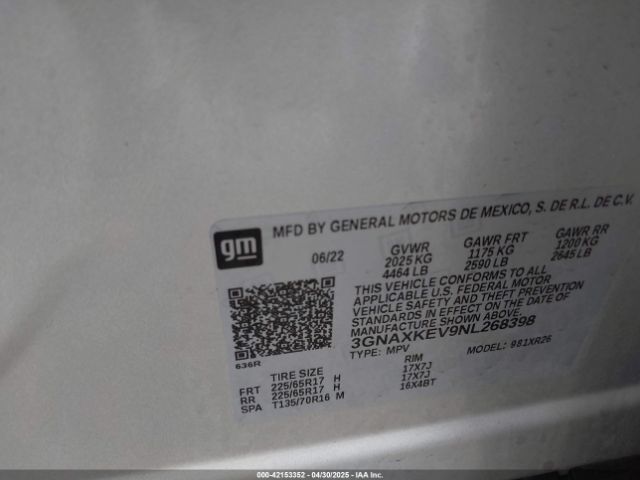 3GNAXKEV9NL268398 Chevrolet Equinox Fwd Lt