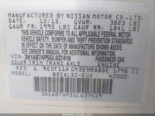 3N1AB7AP5GL637419 Nissan Sentra Fe+ S/s/sl/sr/sv