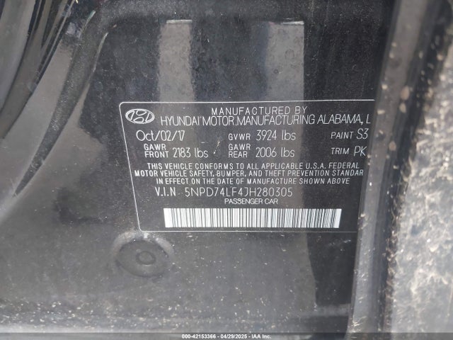 5NPD74LF4JH280305 Hyundai mpi nu